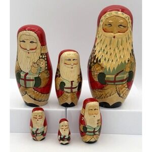 Santa Russian Matryoshka Wooden Nesting Dolls Set of 6 Hand Painted Vintage EUC